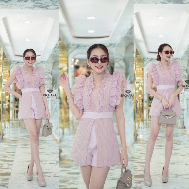 เซ็ต 2 ชิ้น เสื้อคอวีแขนระบายสีชมพู(00760SA)