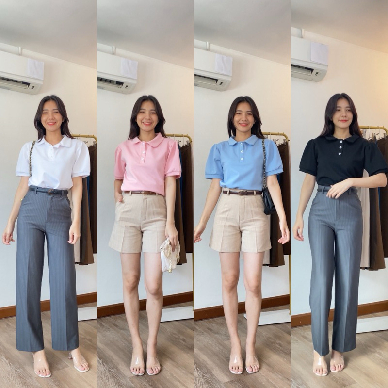A8 เสื้อทรงโปโล ผ้านิ่มใส่สบาย กระดุมปั๊มดอกไม้