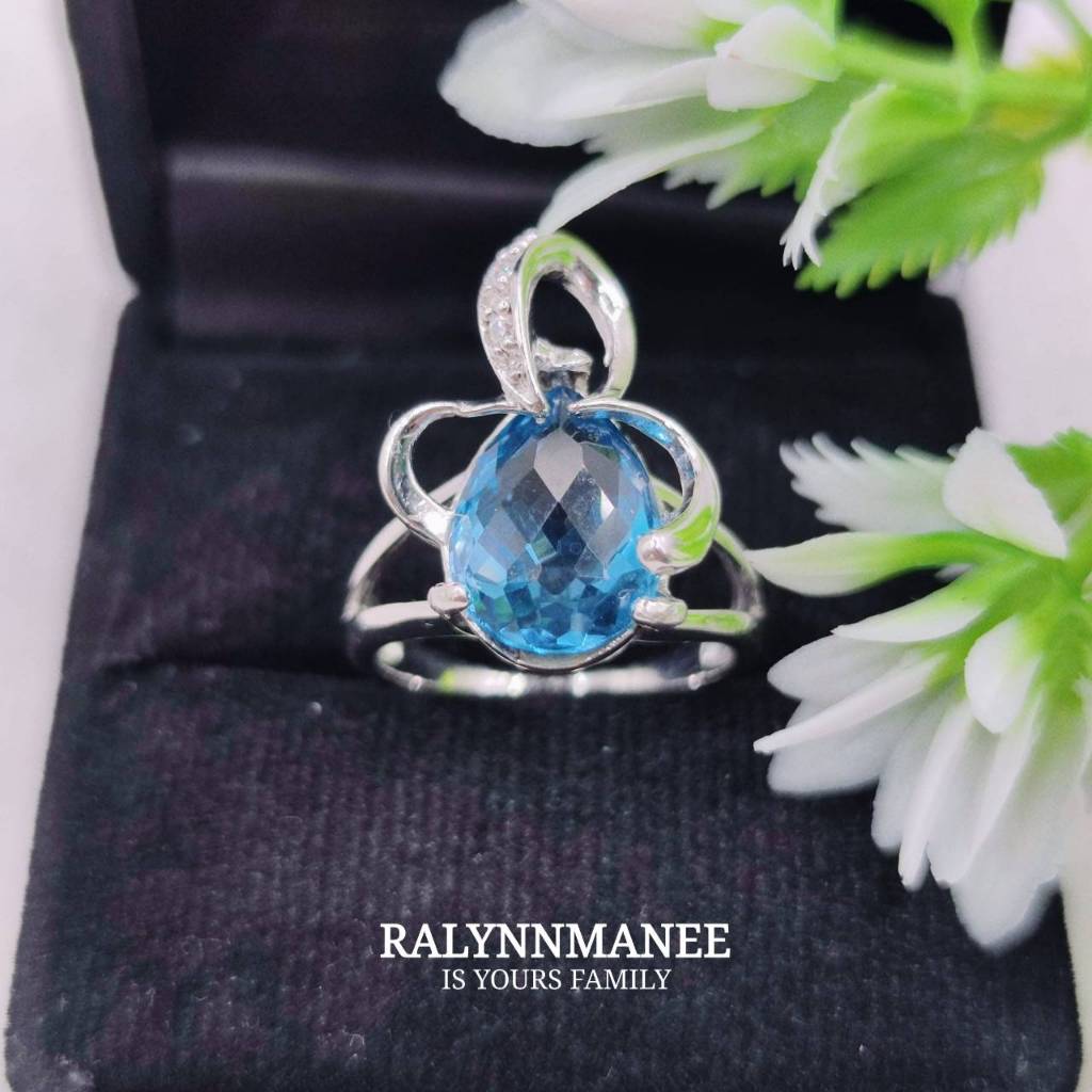 F6430 แหวนพลอยโทพาซแท้ ( Natural Topaz ) เฉดสีลอนดอน ตัวเรือนเงินแท้925 ชุบทองคำขาว ไซส์49 แก้ไซส์ฟร