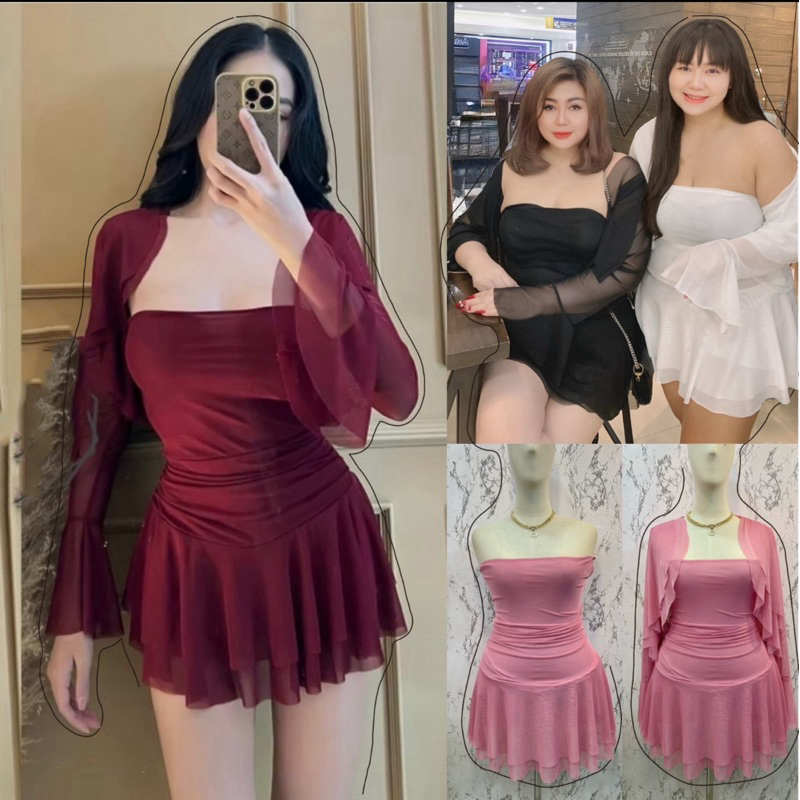 เข้าเพิ่ม พร้อมส่งค่า/WN/ชุดเซ็ตสาวอวบ เดรสเกาะอก ระบายชาย เสื้อแขนระบาย พรางหุ่นสุด#เสื้อผ้าไซส์ใหญ่ สาว อ้วน พลัสไซส์