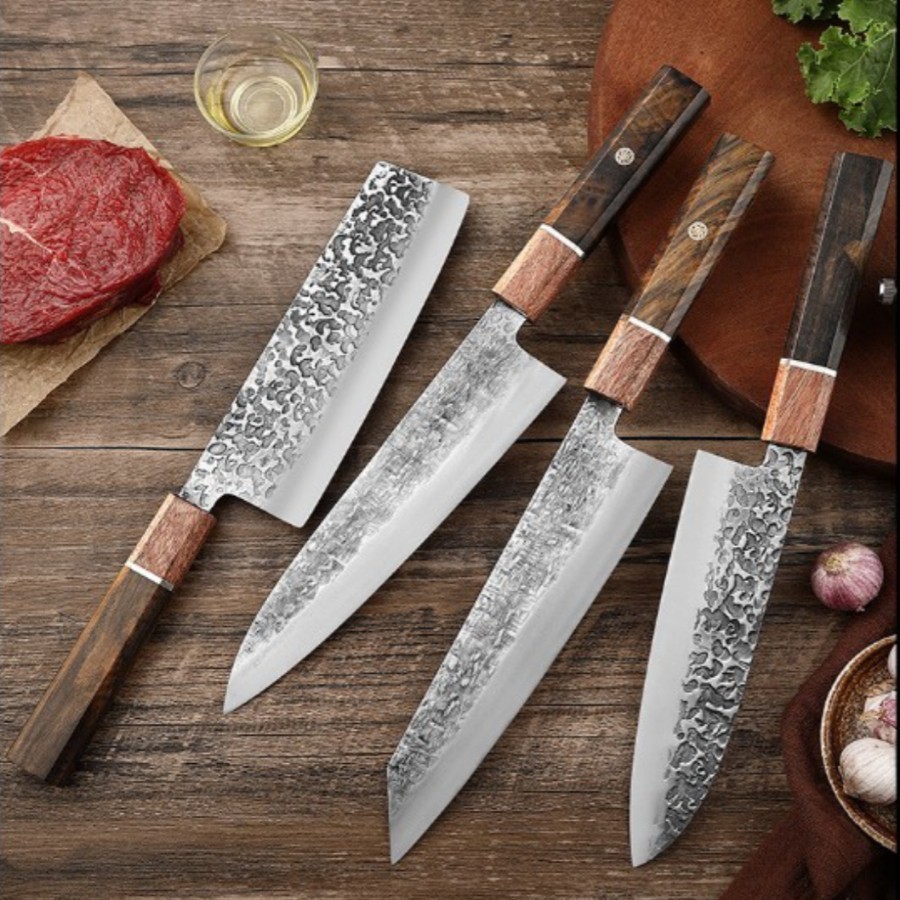 มีด Santoku มีดเชฟ ญี่ปุ่น เปิดคม คมกริบ ด้ามจับไม้แท้8เหลี่ยม หมุดปักโมเสค 8mm.
