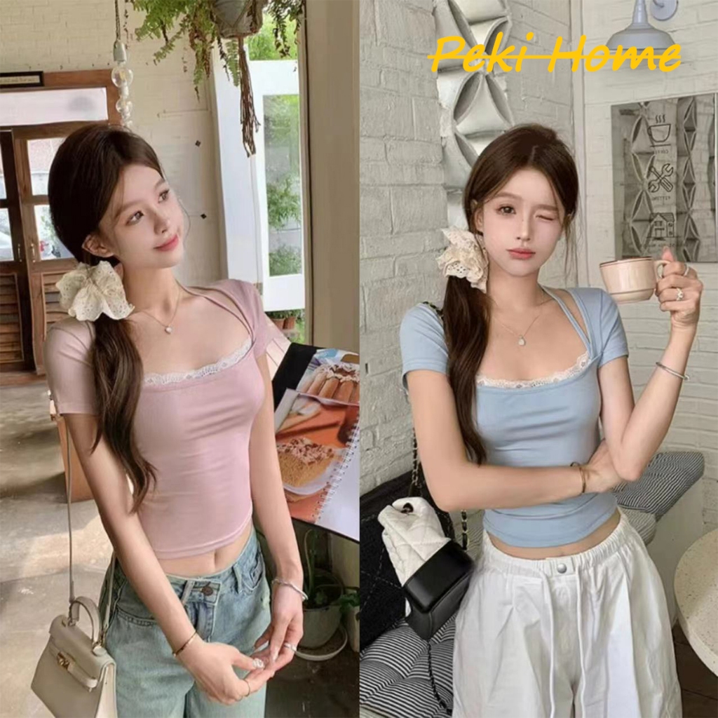 เสื้อยืดสั้นแขนสั้นสำหรับผู้หญิง ดีไซน์โบว์ที่เอว