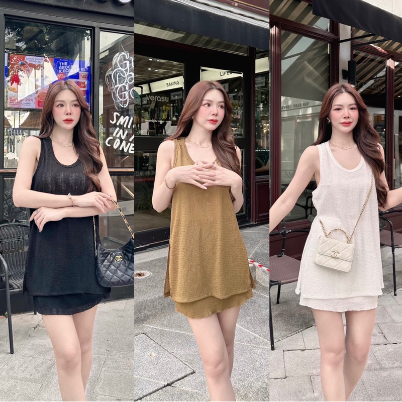 NEW SET เซ็ตสุดคุ้ม 2 ชิ้น เสื้อแขนกุด+กระโปรง ผ้ามี Texture ในตัว