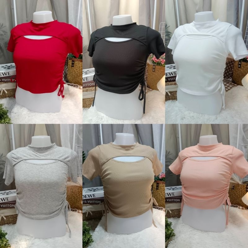 V410 เสื้อครอป คอกลม อกเว้า ผ้านิ่ม มีเชือกรูดเอวด้านข้าง ทรงสวยเซ็กซี่เบาๆ ใส่สบาย สาวๆไม่ควรพลาด