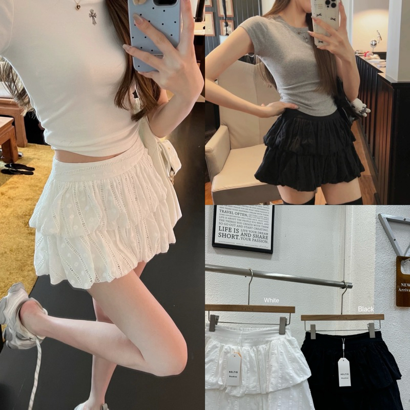 Lady_jeans#133(K)กระโปรงสั้น ผ้าฉลุ มินินอล ขาว-ดำ