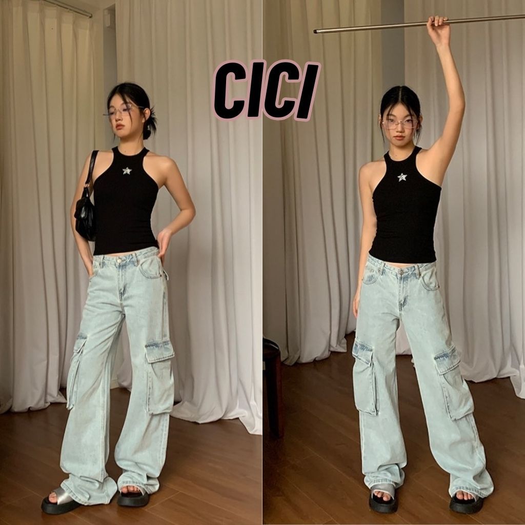 Cici (NO.735)กางเกงยีนส์คาร์โก้สไตล์ กระเป๋าใช้งานได้จริง ทรงเท่ ใส่เอวต่ำเอวสูงได้หมด