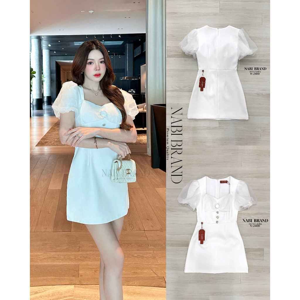 NABI BRAND N-2400 ชุดเดรสสั้นสีขาวแขนพอง