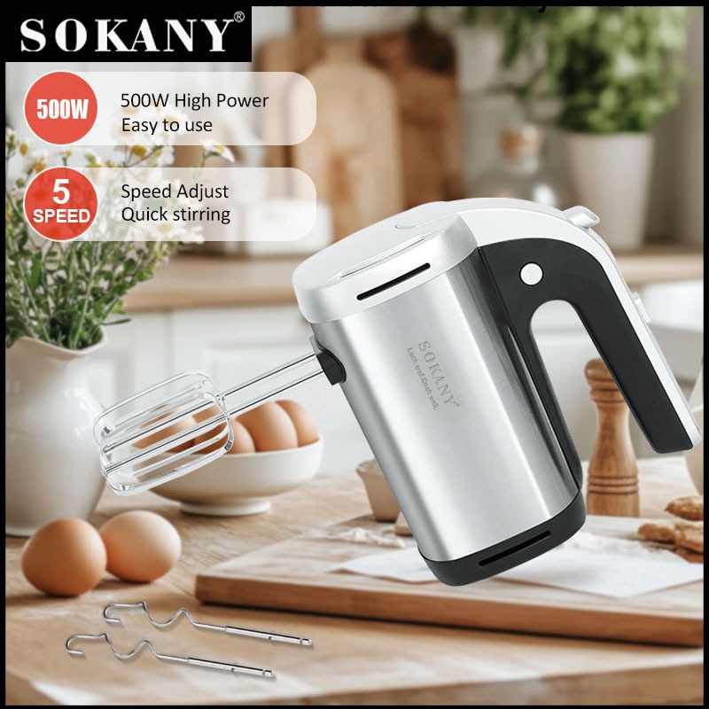 SOKANY 500W เหล็กกล้าไร้สนิม เครื่องผสมอาหาร เครื่องตีไข่ เครื่องตีไข่ไฟฟ้า 5 ปรับความเร็ว คุณภาพสูง