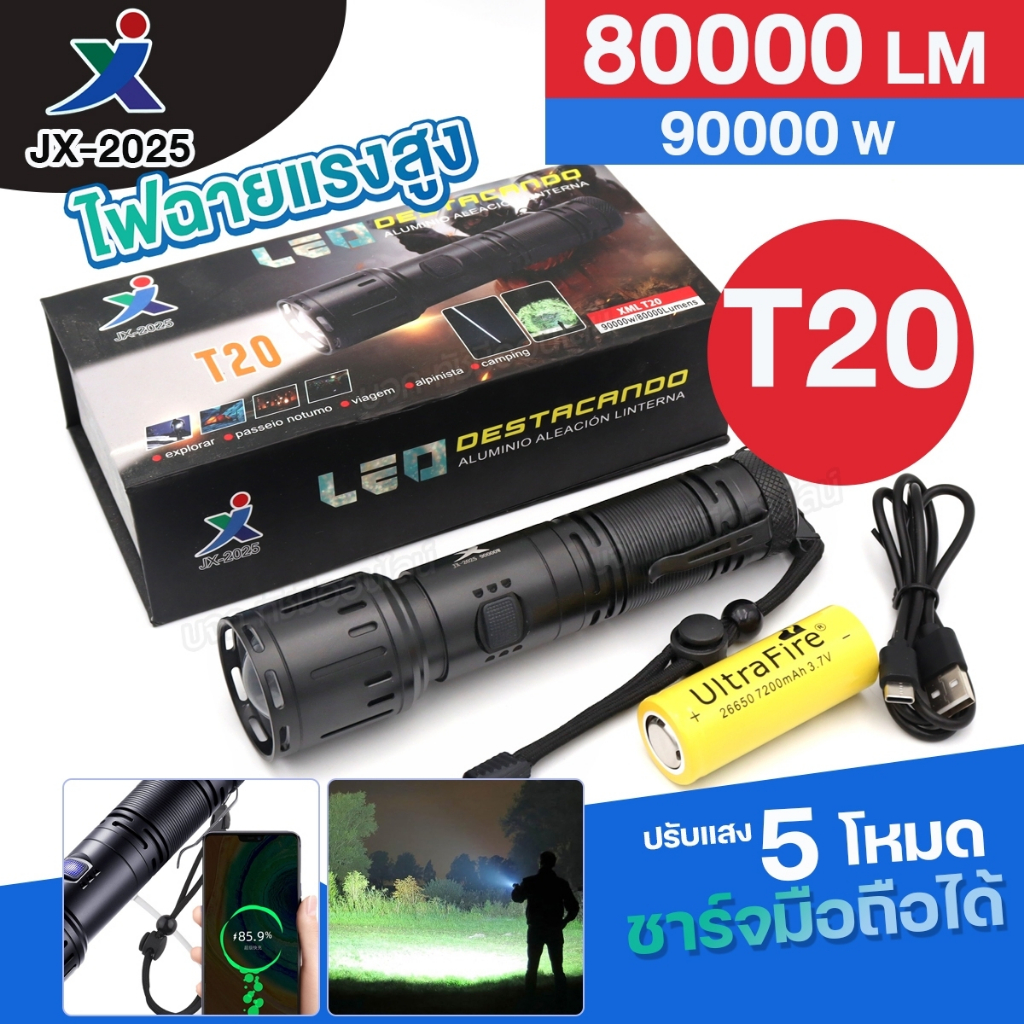 ไฟฉายแรงสูง XML T20 รุ่น JX-2025 80000Lumens / 90000W ปรับแสงได้ 5โหมด ไฟฉายซูม ชาร์จมือถือได้ ฉุกเฉิน สว่างมาก ของแท้
