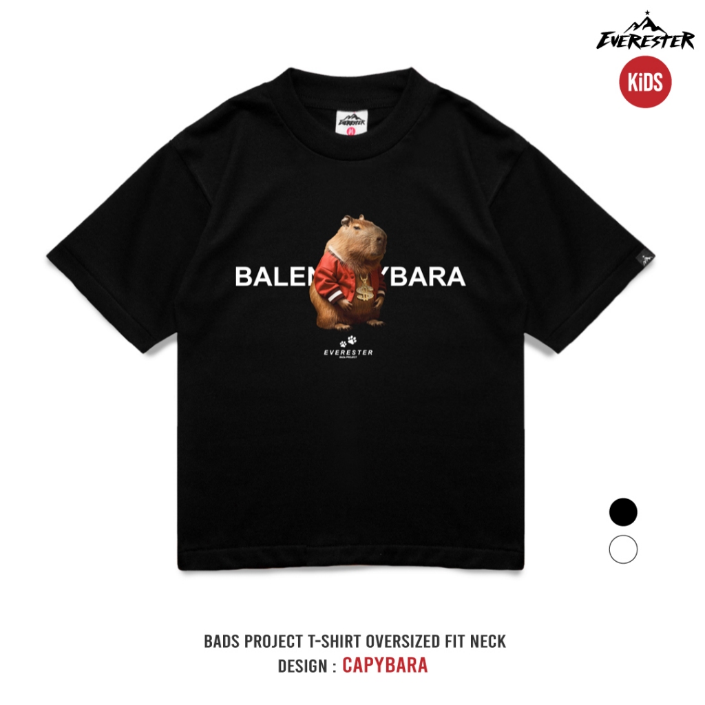 EVERESTER เสื้อเด็ก 4-12 ปี Cotton 100% / เสื้อคอฟิต Oversized เด็กผู้ชาย Capybara ดำ ขาว / Kexp