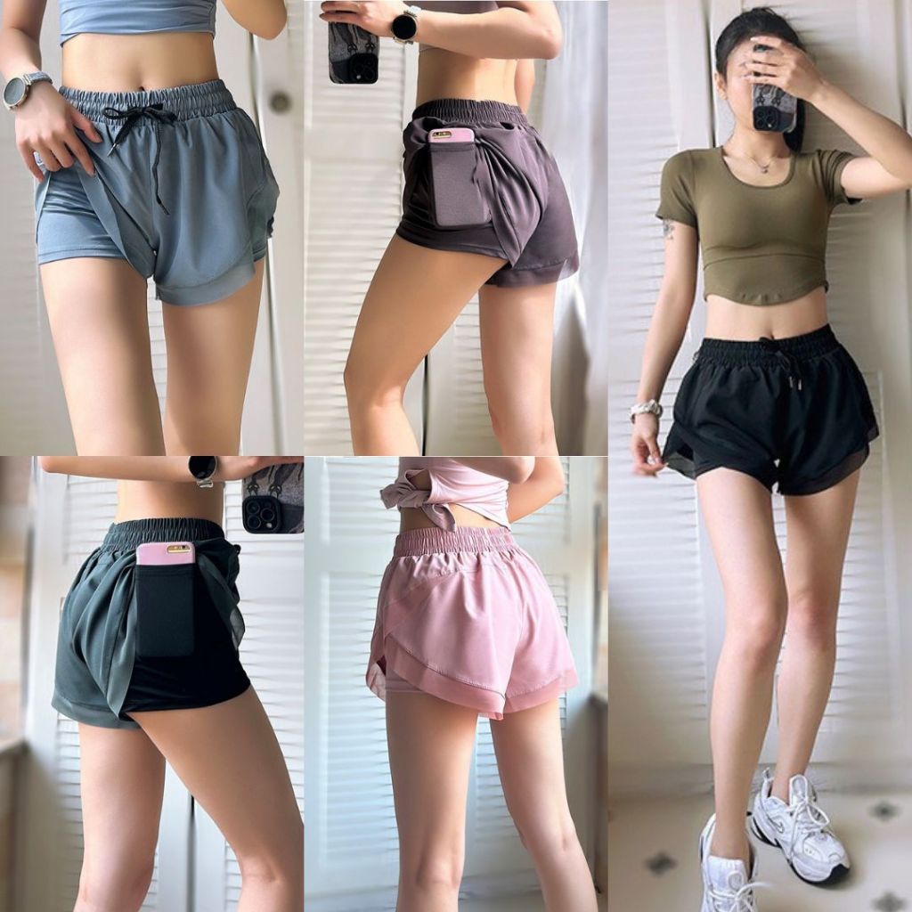 CUN-LKT กางเกงโยคะขาสั้น กางเกงออกกำลังกาย ใส่วิ่ง มีซับใน มีกระเป๋าข้างด้านในใส่ของได้ กางเกงออกกำลังกายสีพื้น
