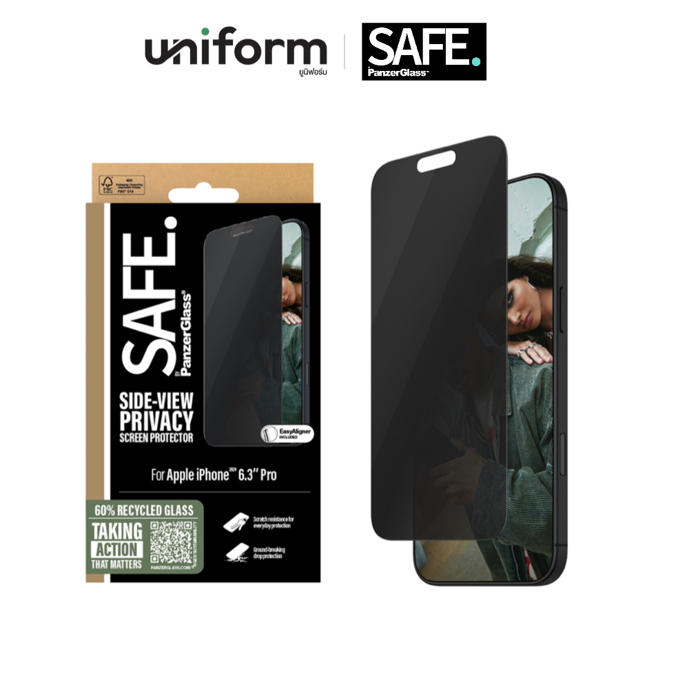 ฟิล์มกระจก SAFE Ultra Wide Fit Privacy for iP 16 Pro / 16 Pro Max - Clear