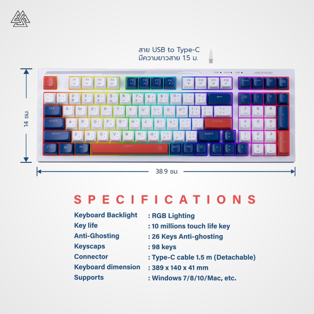 EGA คีย์บอร์ดไฟ RGB TYPE K10 Membrane Switch 96คีย์ เสียงเบา ปุ่มนุ่ม แป้นไทย/อังกฤษ