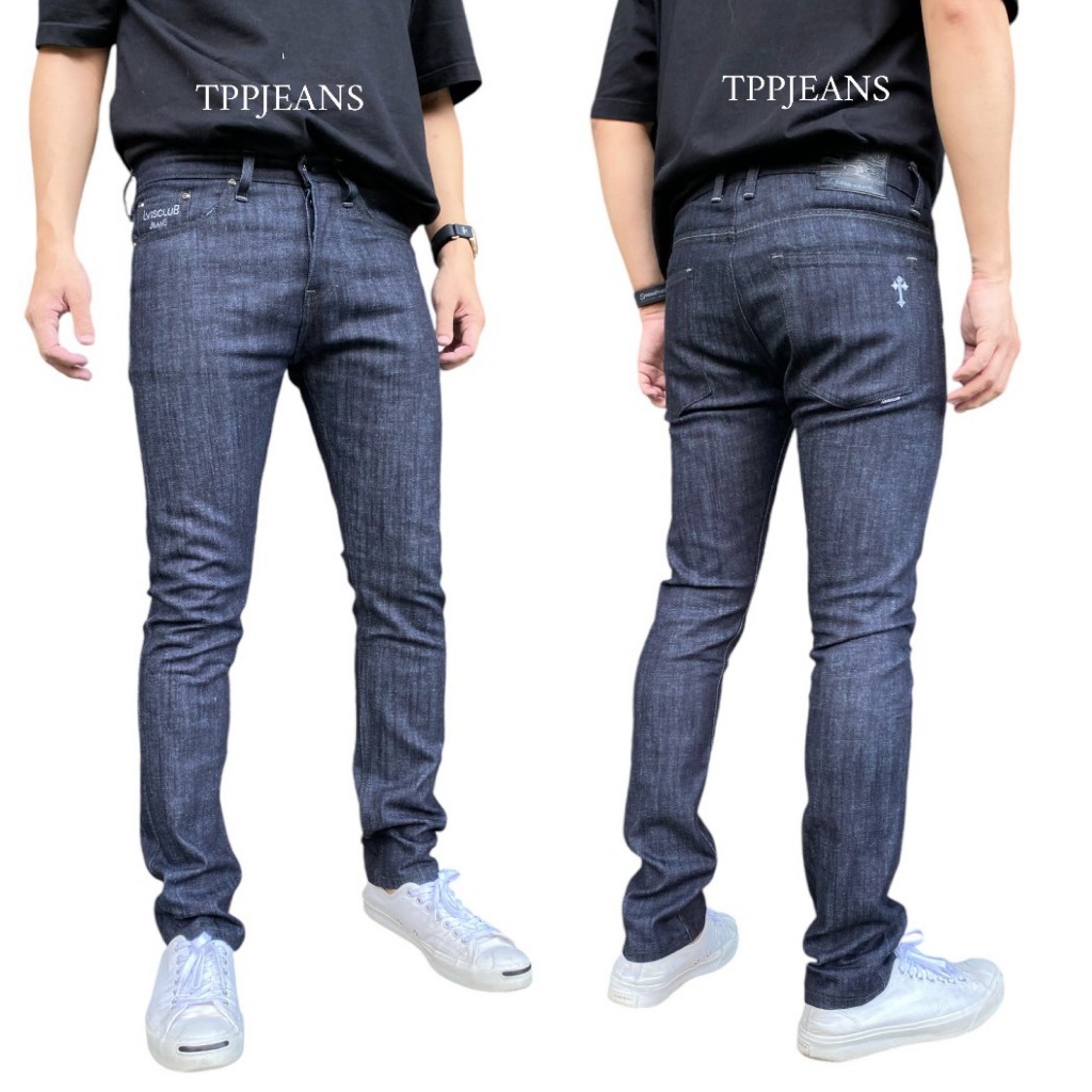 JEANSEXPRESS Indigo Skinny Jeans กางเกงยีนส์สกินนี่ชาย สีน้ำเงินคราม ปักกางเขนเทา ผ้ายืด ใส่สบาย เป้ากระดุม Size 28-36