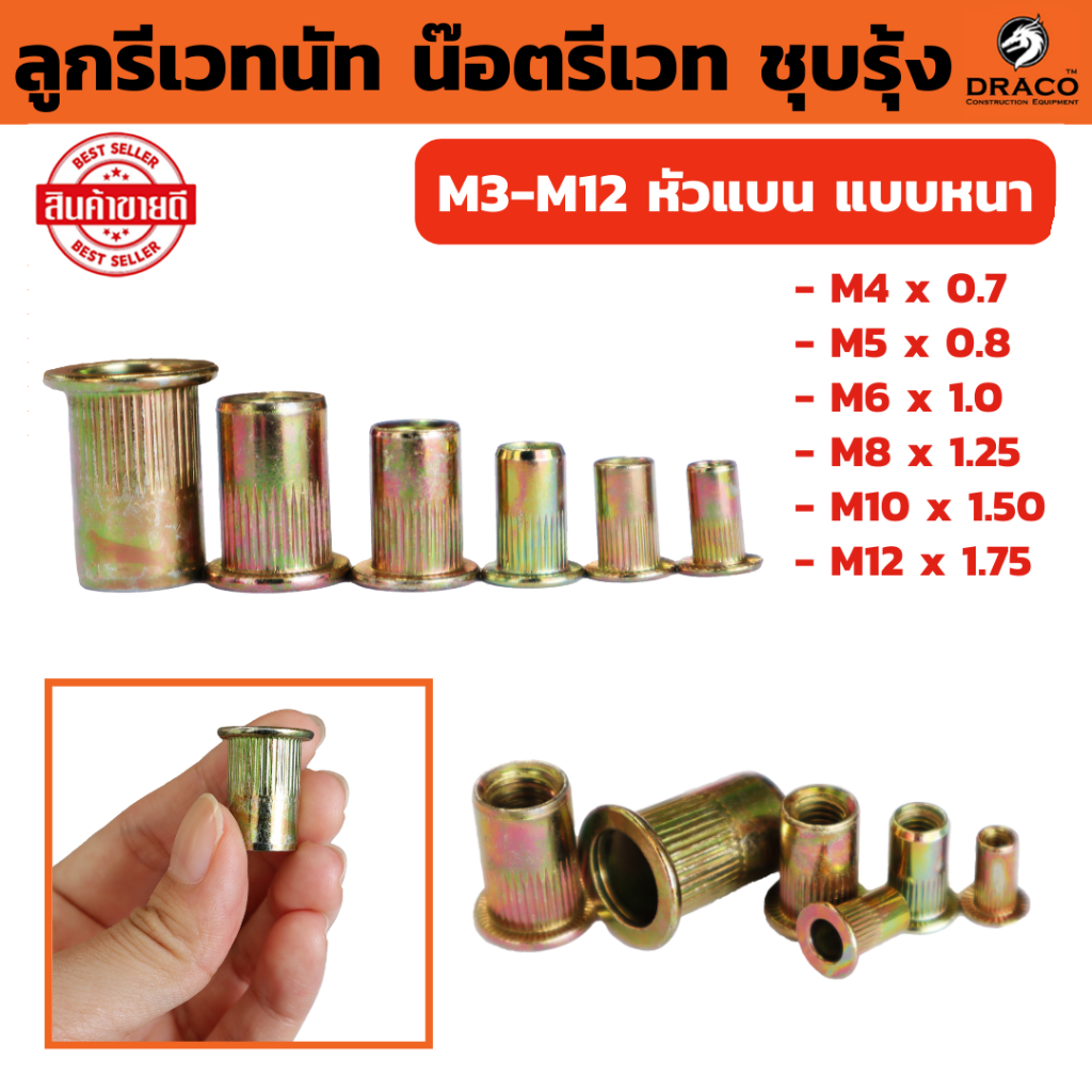 ลูกรีเวทนัท รีเวทนัท น๊อตรีเวท ชุบรุ้ง M3-M12 หัวแบน แบบหนา เกรดA (บรรจุ50ลูก) พร้อมส่ง