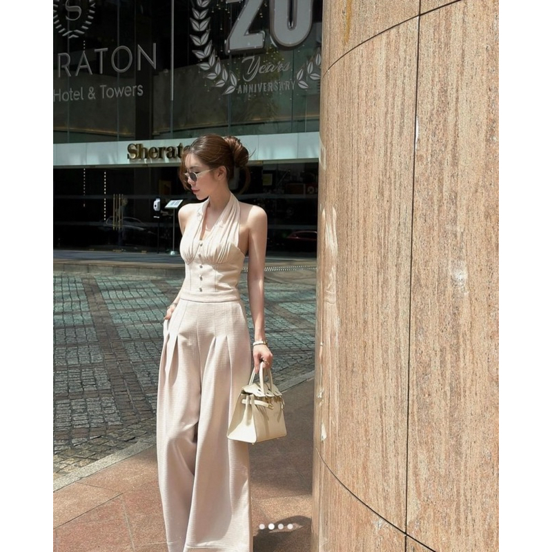 kathalyn จั๊มสูทกางเกงขายาวกึ่งเกาะอก คล้องคอผูกโบว์ด้านหลัง ทรงสวยใส่พอดีตัว