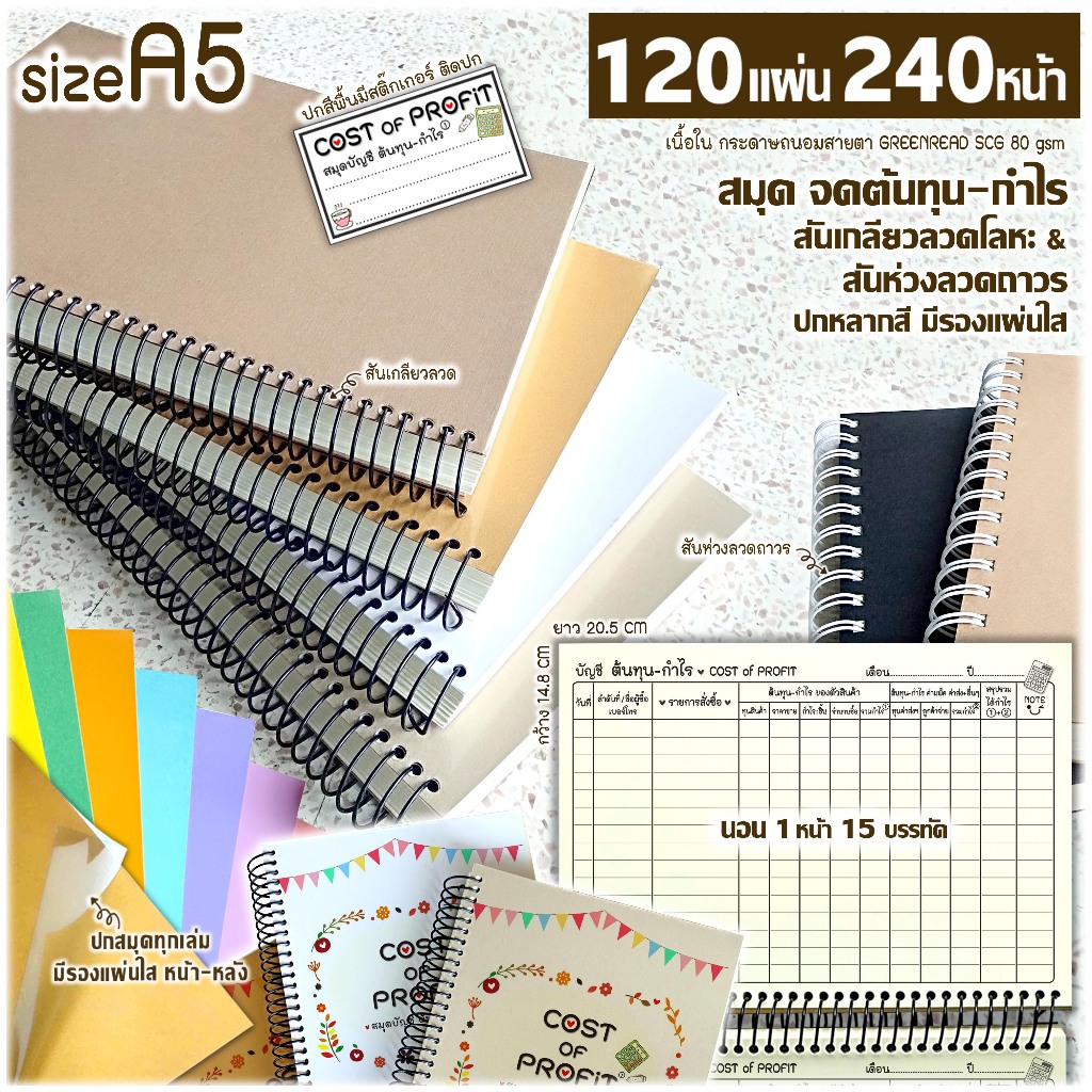 💥NEW💸💰A5(เล่มเล็ก) สมุด ทุน-กำไร สมุด ➰สันเกลียวลวดโลหะ & ⭕สันลวดถาวร 🌼หนาๆจุกๆ 120แผ่น=240หน้า🌈ปกหลากสี มีแผ่นใสรองปก