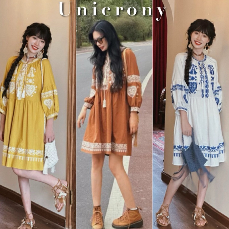 Unicrony•ส่งจากไทย | มินิเดรสโบฮีเมียน งานปัก สวยงาม สายเชือกผูกอก เดรสสั้นปักลูกไม้ Bohemians style woman clothing