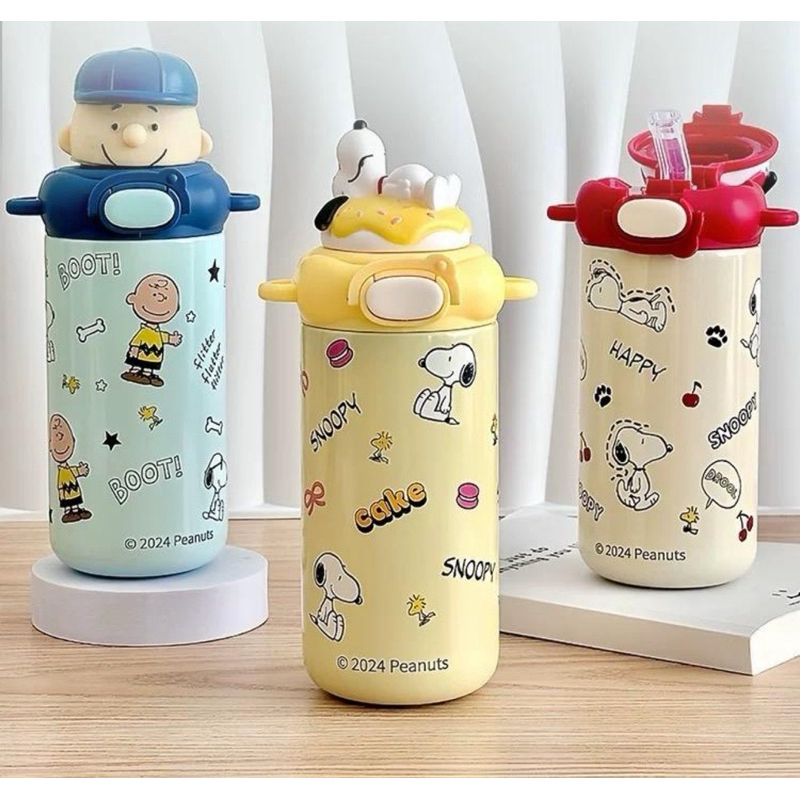 กระติกน้ำ Snoopy เด็กสะพายไปโรงเรียน กระติกน้ำเก็บความความเย็น แบบมีหลอดเด้ง ฝาแน่นสนิท สแตนเลส316 มีสายสะพาย น้ำหนักเบา