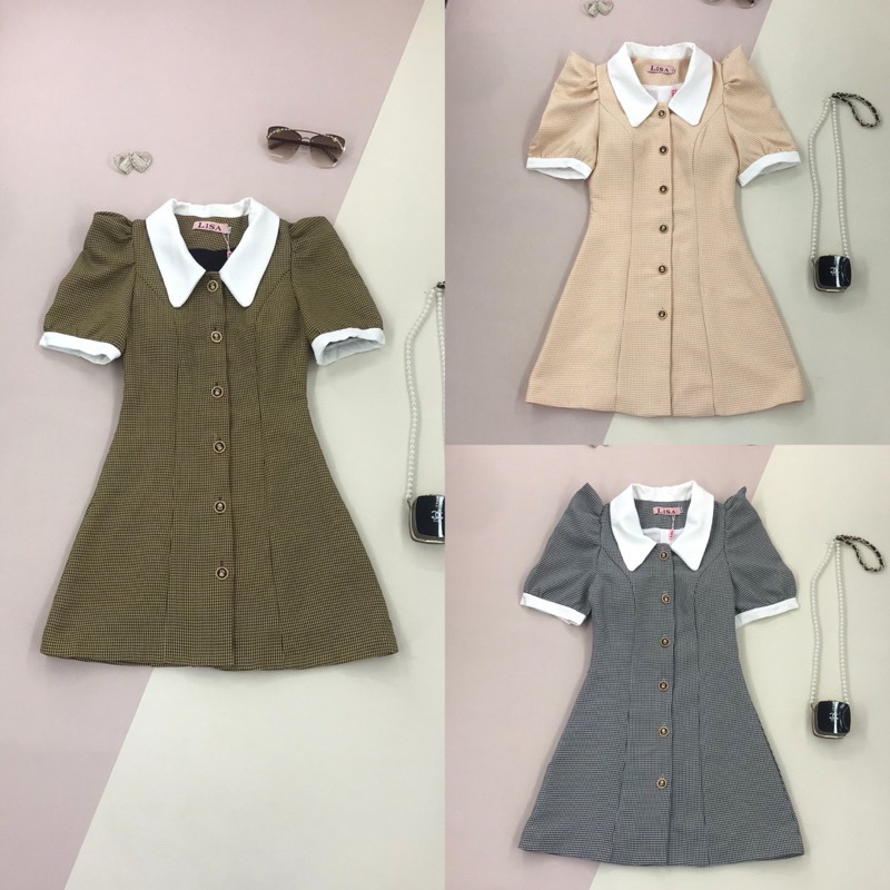 Lisa Brand เดรสลายตาราง คอปก แขนตุ๊กตา กระดุมหน้า ใส่ทำงาน คาเฟ่