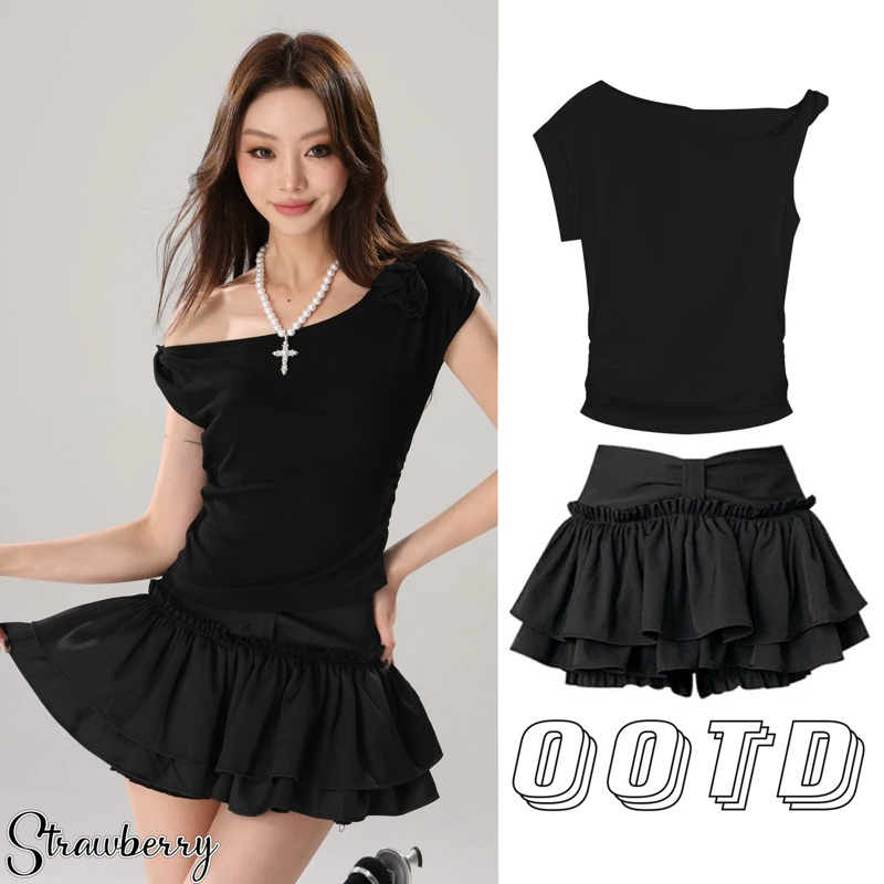 Jenny พร้อมส่ง ชุดเซ็ตผู้หญิงแฟชั่น ชุดเซ็ท2ชิ้นสีดำ เสื้อปาดไหล่+กระโปรงสั้น สไตล์สาวเกาหลี ชุดเซ็ทสาวอ้วน ชุดไปคอนเสิร