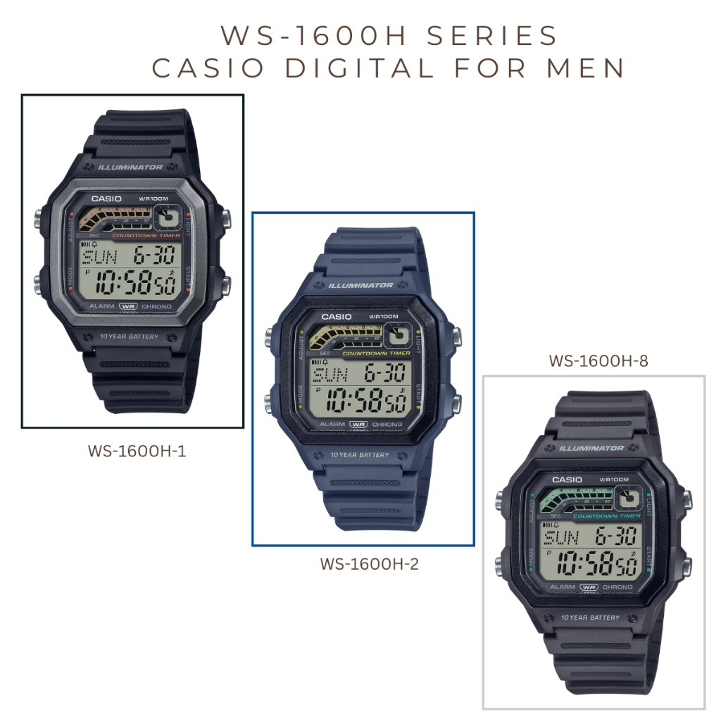 Casio Standard นาฬิกาข้อมือผู้ชาย สายเรซิ่น รุ่น WS-1600,WS-1600H(WS-1600H-1A,WS-1600H-2A,WS-1600H-8