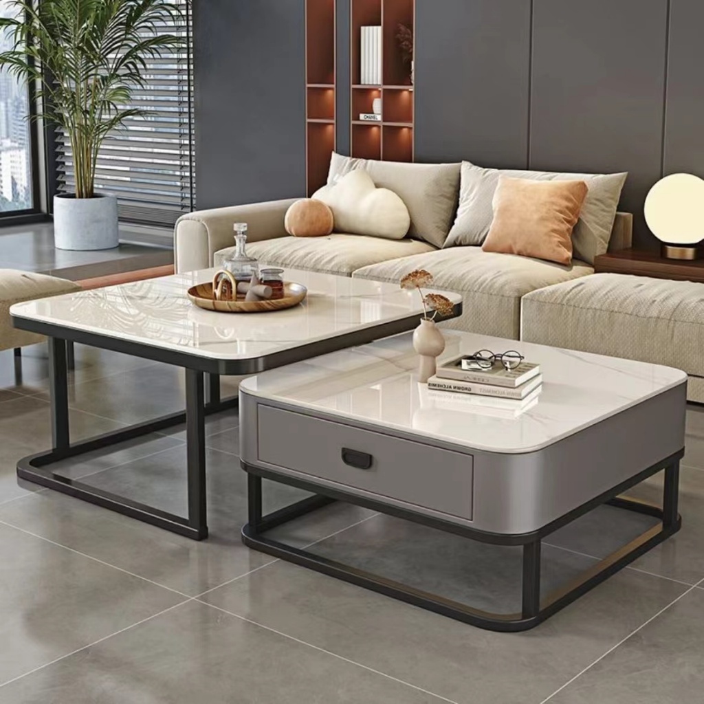 โต๊ะกลางโซฟา โต๊ะรับแขก กระดานหิน + แก้ว โต๊ะกาแฟ โต๊ะกระจก  สีดำ/โกลเด้น หลายวิธีรวมกัน