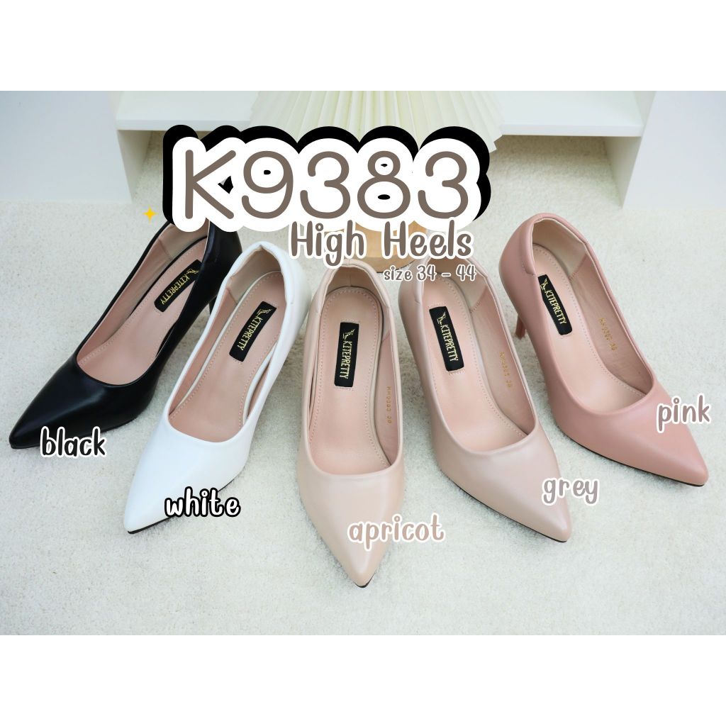 K9383 รองเท้าส้นสูง PU หนังนิ่ม ส้นแหลมสูง 3.2 นิ้ว