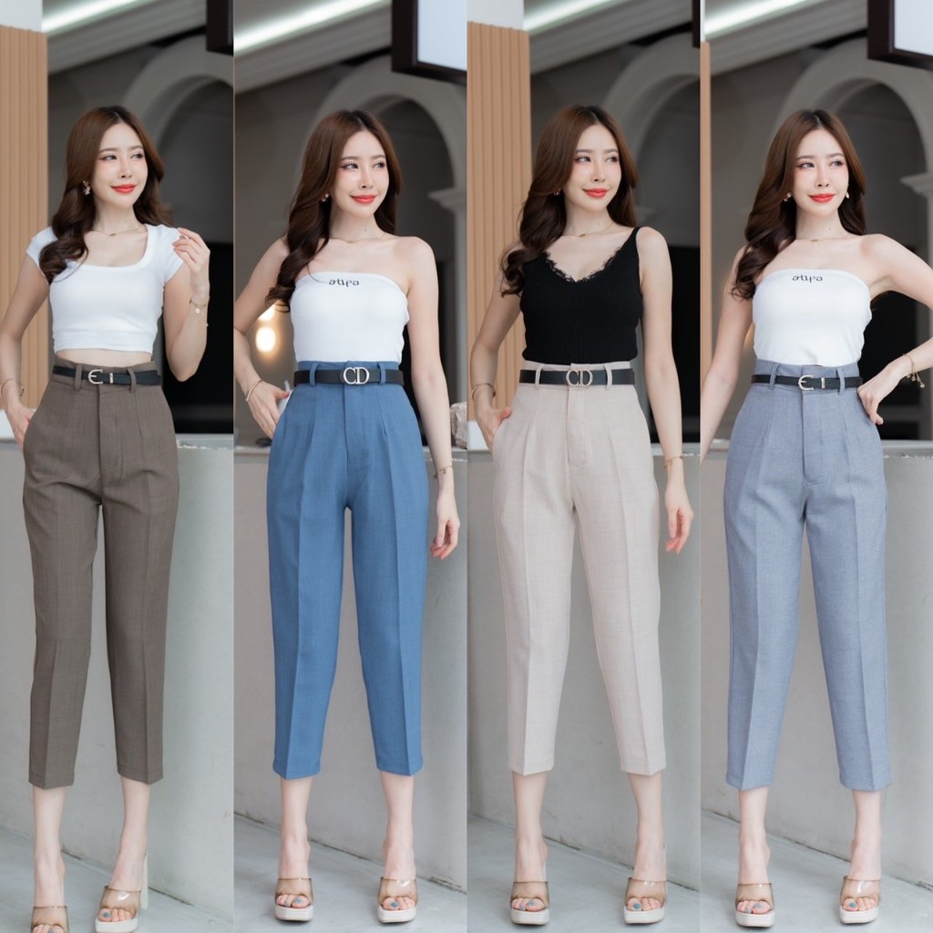 G95 กางเกง 8ส่วน ทรงบอย ตะขอหน้า ซิปหน้า ผ้าฟอร์ร่า เอวสูง มีตั้งเเต่ไซส์ S - 7XL Pants ผู้หญิง