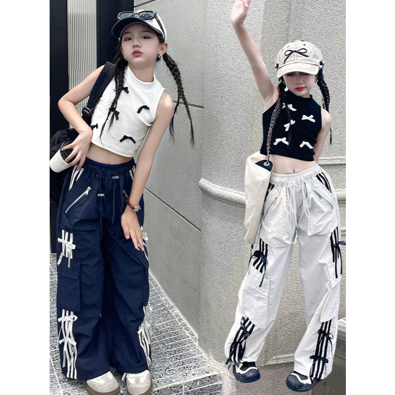 *(🇹🇭 พร้อมส่งจากขอนแก่น) ชุดเด็กหญิง Street Dance ชุดเซ็ตเสื้อโบว์+กางเกง สตรีทแฟชั่น