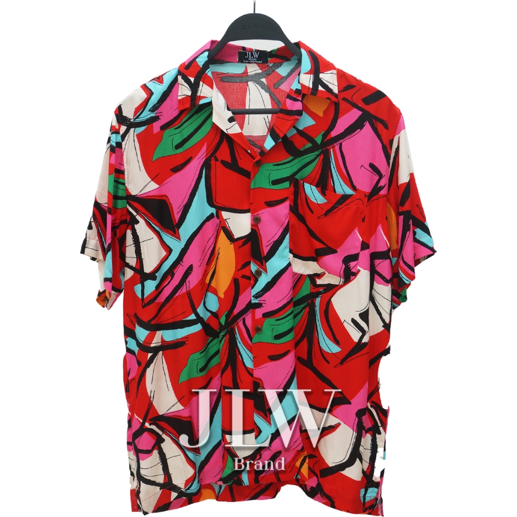 เสื้อฮาวาย ลายเส้นดอกไม้ แดง ผ้านิ่ม M L XL Oversize คอฮาวาย JLW BRAND
