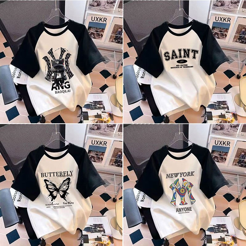 เสื้อยืดสวยๆผู้หญิงฤดูร้อนใหม่ เกาหลี oversize เสื้อผ้าแฟชั่นวัยรุ่นน่ารักๆ เสื้อคู่กับแฟนโอเวอร์ไซส์แบบเท่ๆ ทูโทนวินเทจ