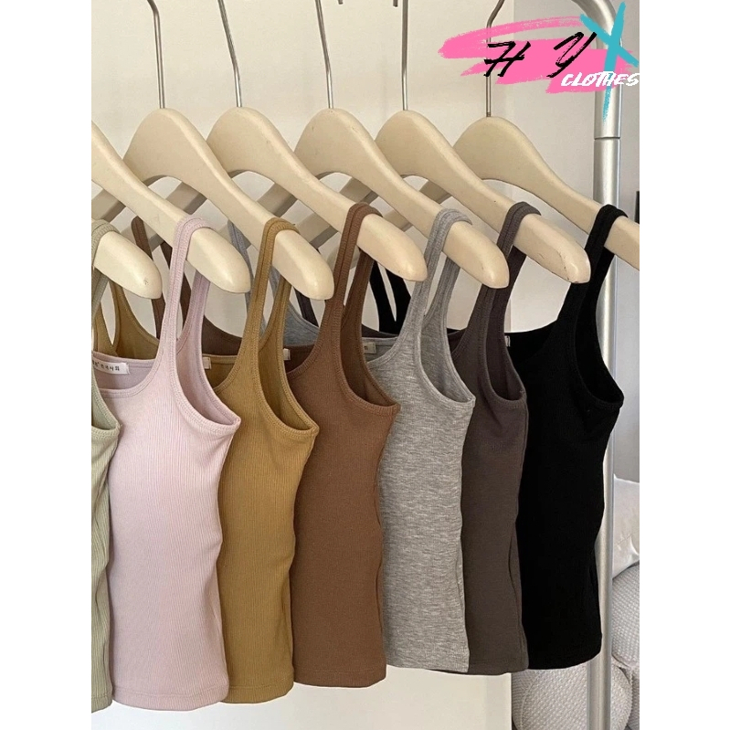 พร้อมส่ง เสื้อกั๊กสีทึบของผู้หญิงเกาหลี แผ่นรองหน้าอกในตัว ผ้าใส่สบาย ขนาดสม่ําเสมอบราผู้หญิง