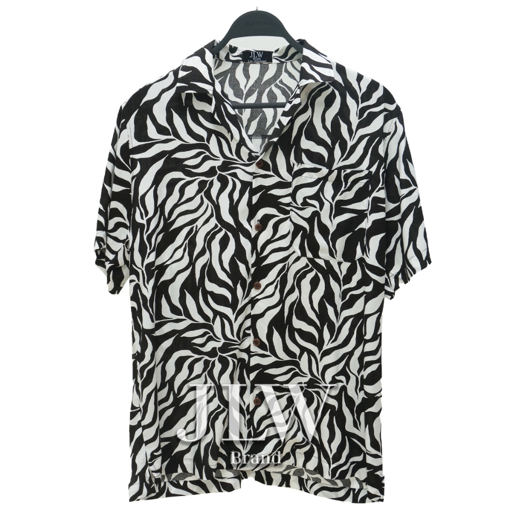 เสื้อฮาวาย ลายดอกยุกยิก ดำ ผ้านิ่ม M L XL Oversize คอฮาวาย JLW BRAND