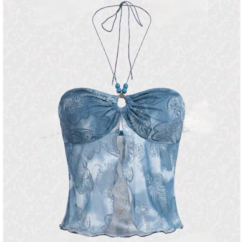Crop TC2424 เสื้อเกาะอก มีสายคล้องคอ พิมพ์ลาย สีน้ำเงิน