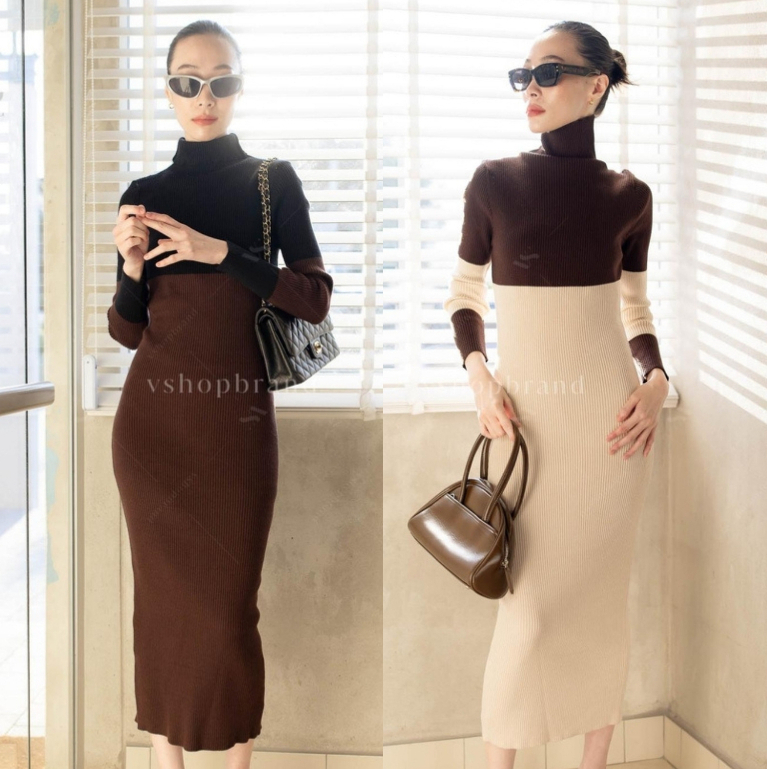 พร้อมส่ง เดรสผ้าร่องไหมพรมคอเต่าทูโทนเข้ารูป งานป้าย vshopbrand