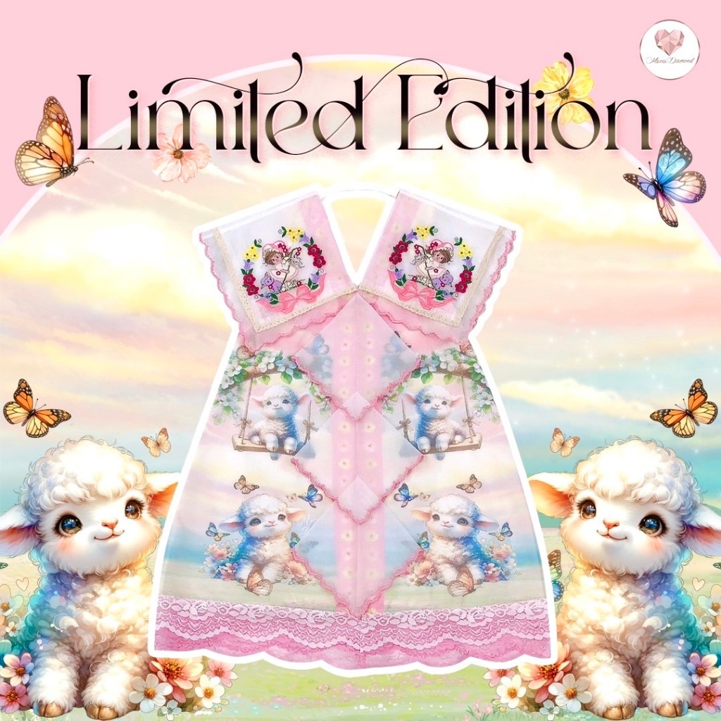 (Limited มี3XL) สีชมพู Vava Sheep Dress เดรสสั้นผ้าชีฟองพิมพ์ลายมีกระเป๋า ปกวินเทจงานปัก แต่งลูกไม้ มีซับใน ซิปหลัง