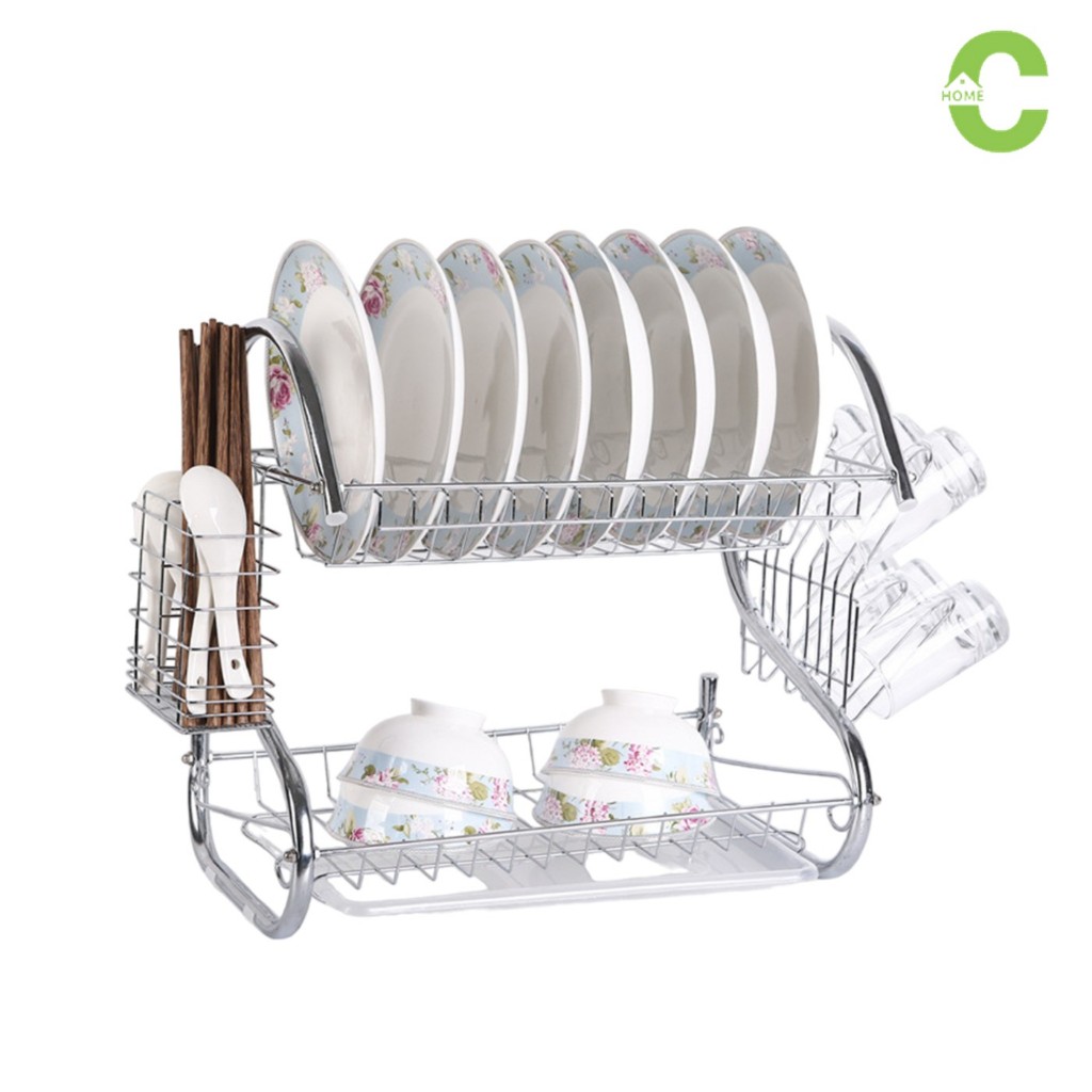 HOMEC ชั้นวางจานสแตนเลส ที่คว่ำจาน dish rack แข็งแรง ทำความสะอาดง่าย พร้อมถาดรองน้ำ 3ขนาด 35 40 52cm