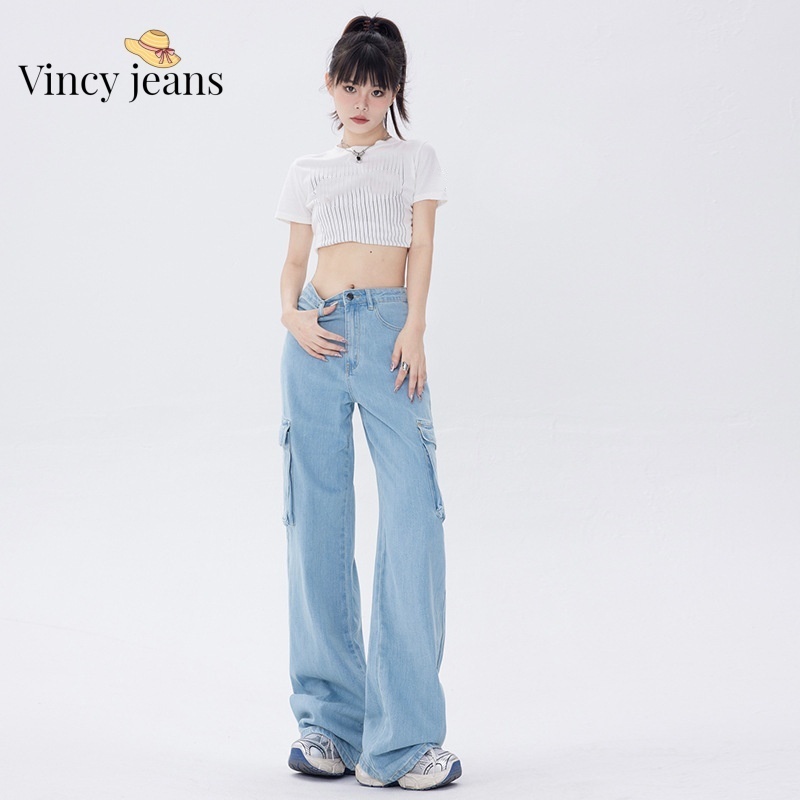 Vincy-กางเกงคาร์โก้ผู้หญิง กางเกงยีนเอวสูง XS~2XL ขายาว เอวสูงทรงสตรีท กระเป๋าตรง 2ใบ - รูปที่ 2