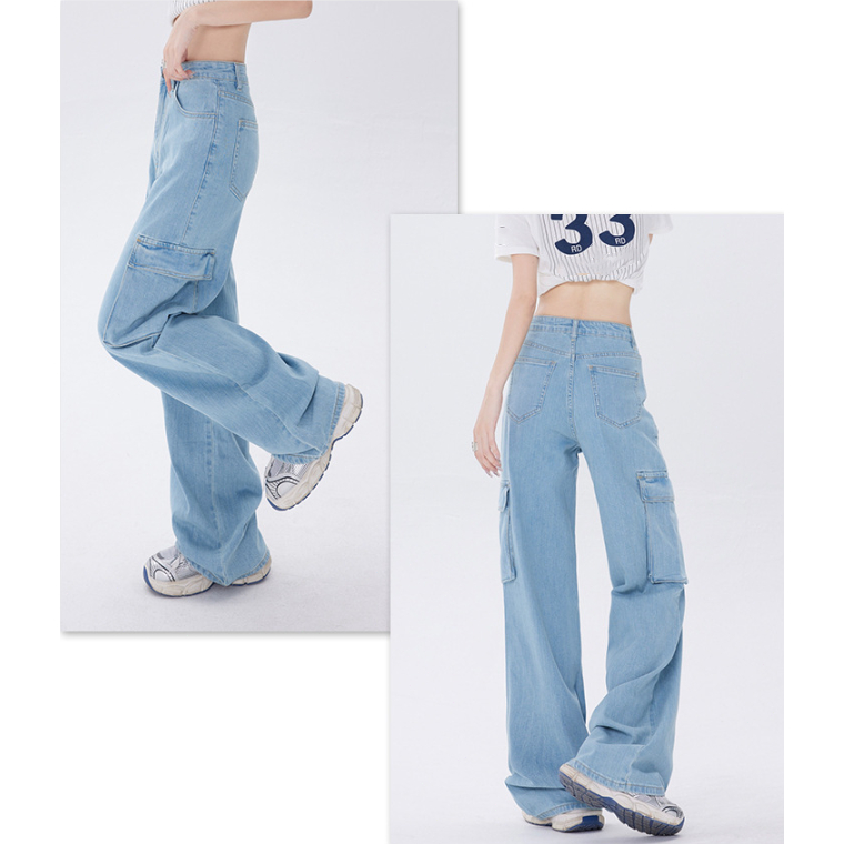 Vincy-กางเกงคาร์โก้ผู้หญิง กางเกงยีนเอวสูง XS~2XL ขายาว เอวสูงทรงสตรีท กระเป๋าตรง 2ใบ - รูปที่ 7