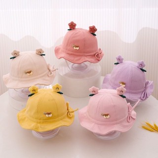 054# หมวกบัคเก็ตเด็กผ้าลูกฟูกหูดอกไม้ด้านข้างมีเชือกรูดปรับข…