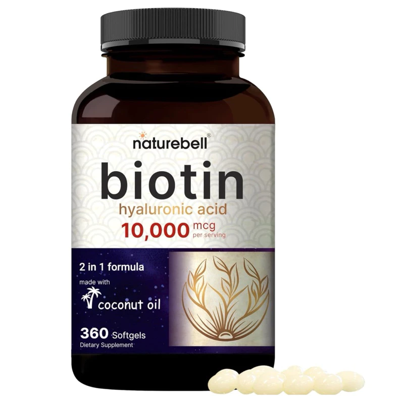 NATUREBELL Biotin + Hyaluronic Acid 10,000 MCG สุขภาพผม ผิวหนัง เล็บ 360 ซอฟต์เจล