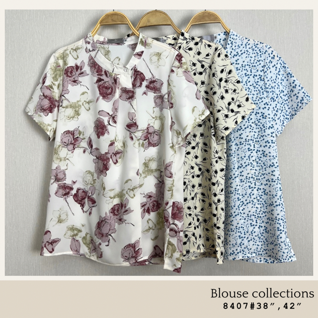 Laboratory 8407# เสื้อคอกลมป้าย ติดกระดุมคอ ผ้าพิมพ์ลาย แขนสั้น