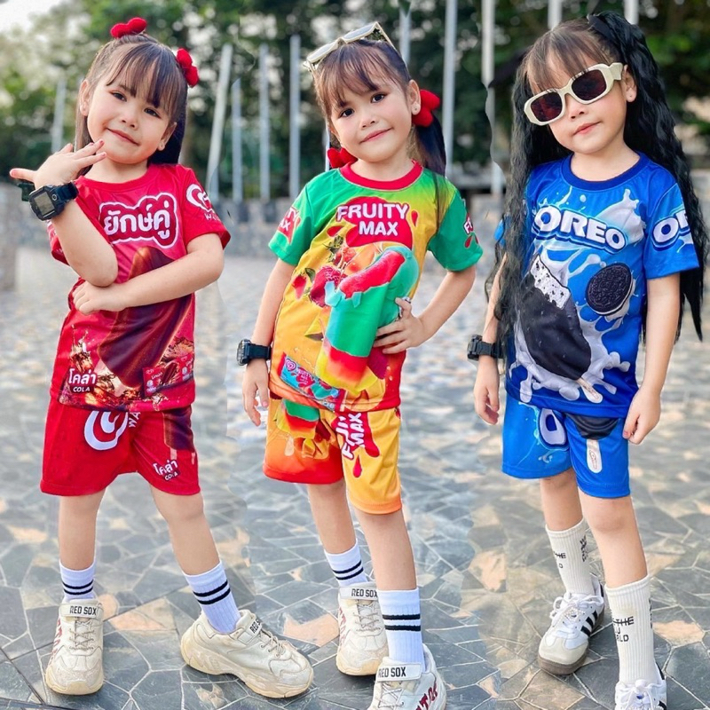 ชุดเซ็ทรุ่นไอศกรีม เสื้อแขนสั้น+กางเกงขาสั้น ชุดเด็ก ลายการ์ตูน ผ้าไมโครไฟเบอร์
