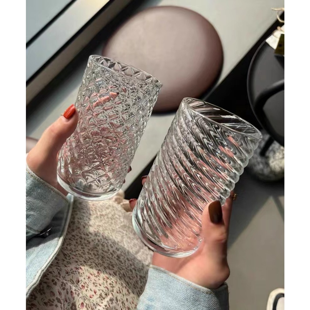 พร้อมส่ง แก้วน้ำใส่เครื่องดื่มเย็น ผลไม้ กาแฟ ทรงยาวสูงก้นแก้วเว้าสุดน่ารัก ไสตล์มินมอลเกาหลี จับถนัดมือ