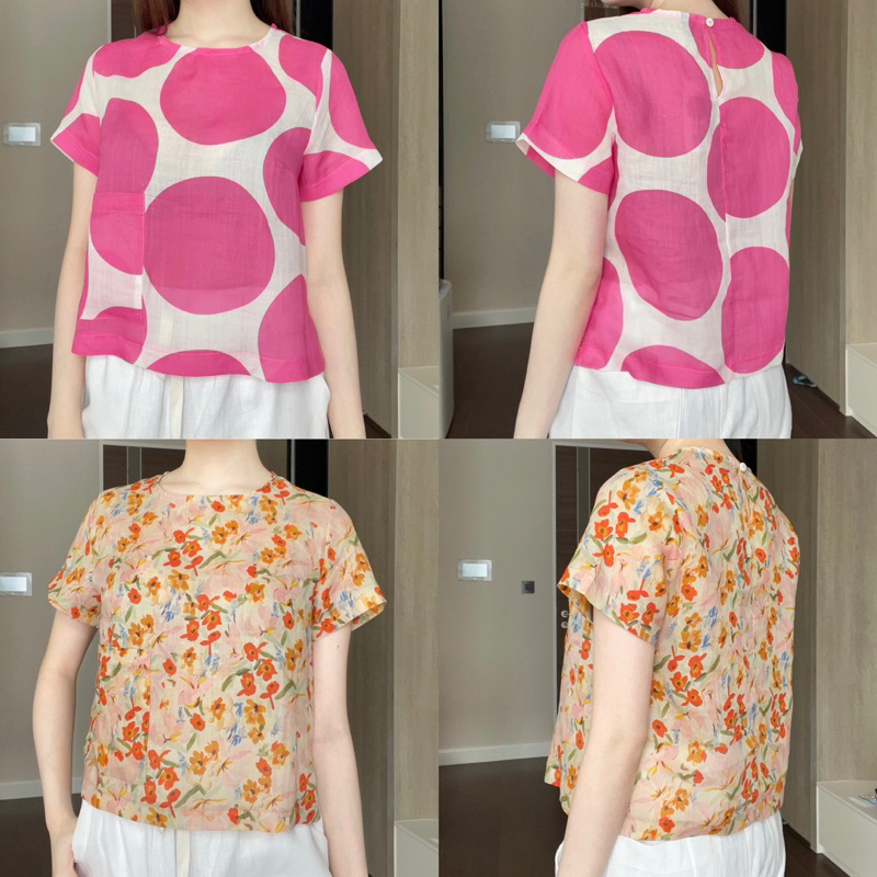 A1เสื้อคอกลมแขนสั้นผ้าลินินแก้ว(บางพริ้ว)