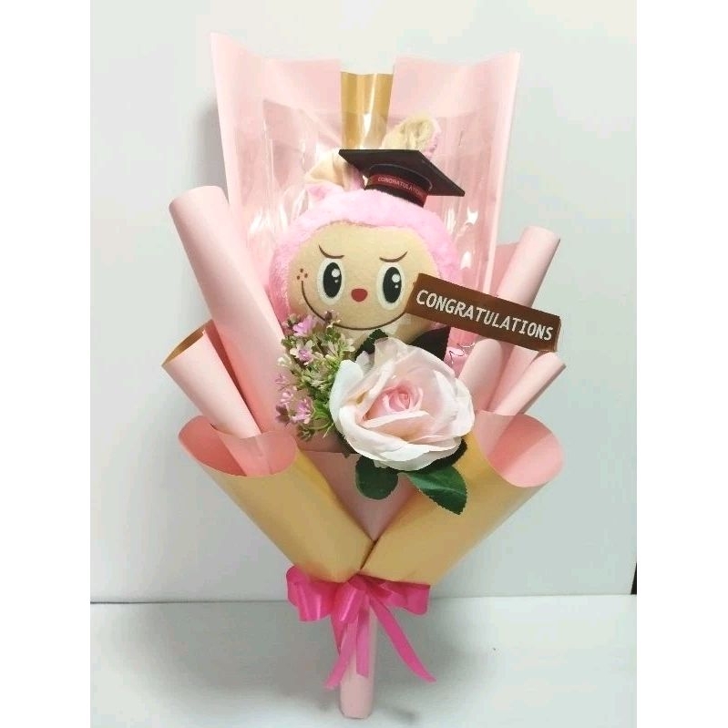 าลาบูบู้สีชมพู ตกแต่งดอกกุหลาบ ใส่ธนบัตรทุกขนาด 10 ใบ (โทนสีชมพู)