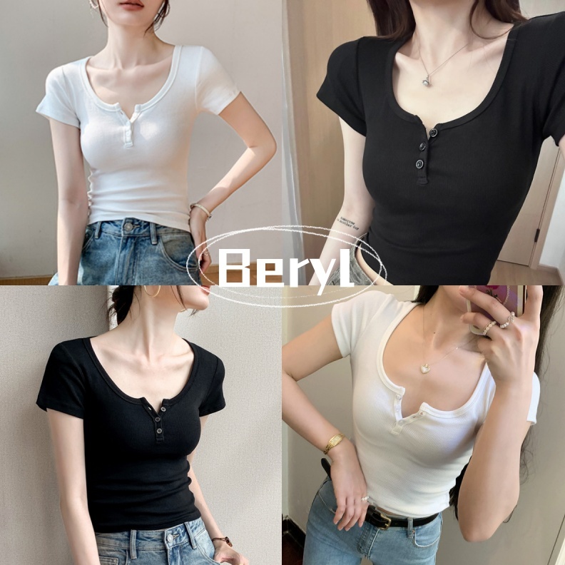 Beryl เสื้อยืดคอกลมแขนสั้นสำหรับผู้หญิง ดีไซน์กระดุม สีพื้น