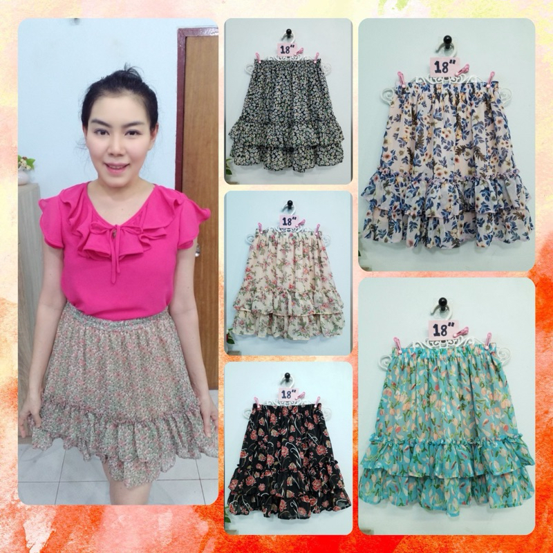 กางเกงกระโปรงผ้าชีฟองลาย รุ่นโชว์รูด2ชั้น ยาว 18 นิ้ว ผลิตเอง พร้อมส่ง