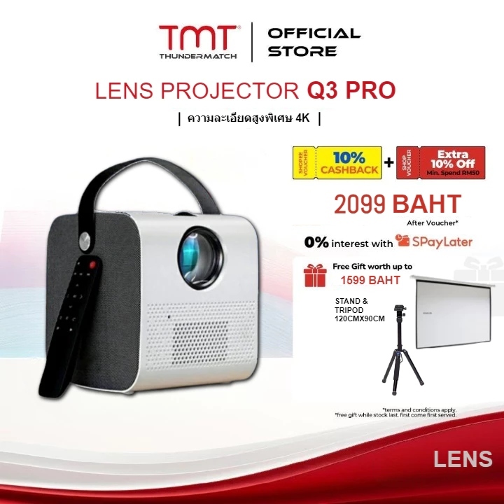 ส่วนลดสองร้อยบาท LENS 4k ULTRA HD แอพในตัว Android Q3 Pro / Y8 Pro / S10 Pro Projector,Mini Projector+ จอ